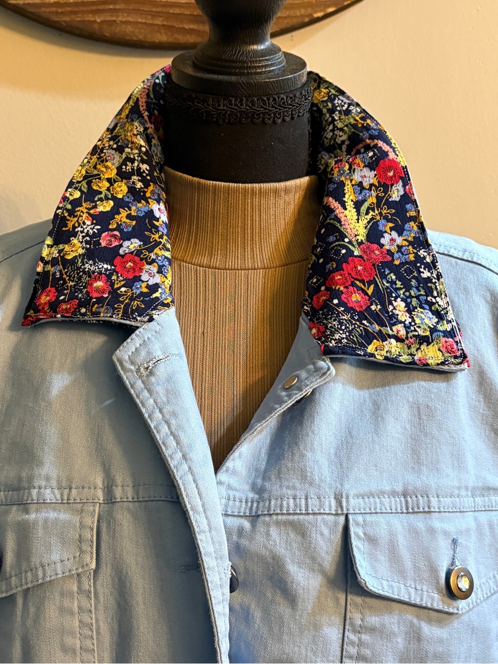 Style & Co. Light Blue Denim Jacket with Navy Floral Contrast Collar